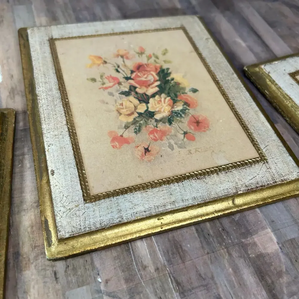 Vintage Marked Made in Italy Small Rectangles Floral Art Wall Frames Paintings
